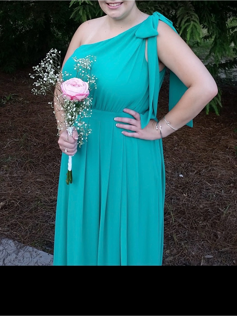 Bridesmaid dress, by New York & Company. One-Shoulder Teal Dress w/Shoulder Bow